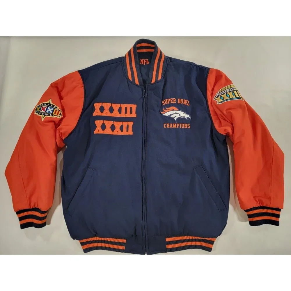 NFL Denver Broncos Reversible Super Bowl Varsity Jacket Coat Men's Sz L Coat EUC